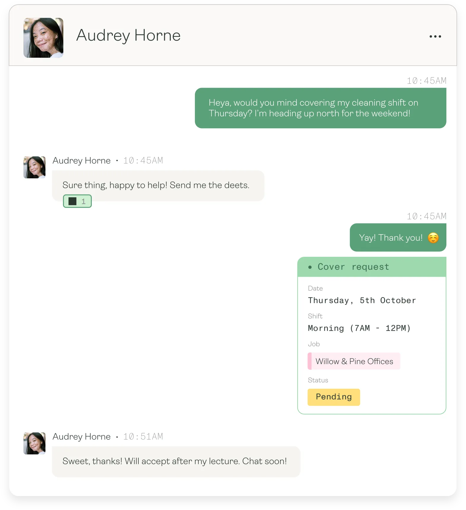 A message thread between workers arranging shift cover