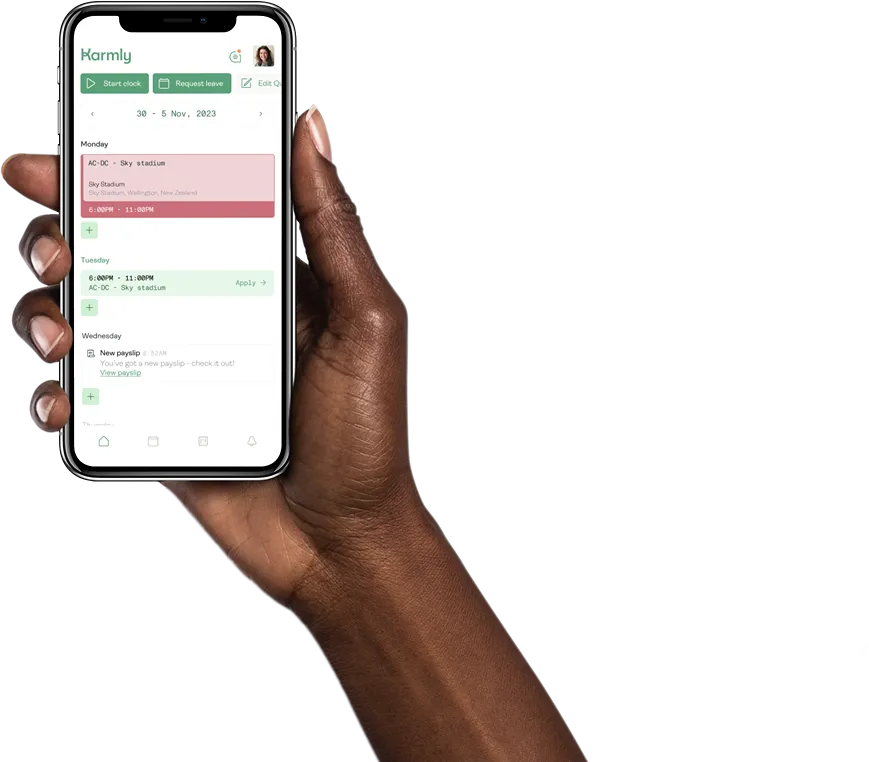 The Karmly Workspace app showing a worker’s week of shifts and a new payslip